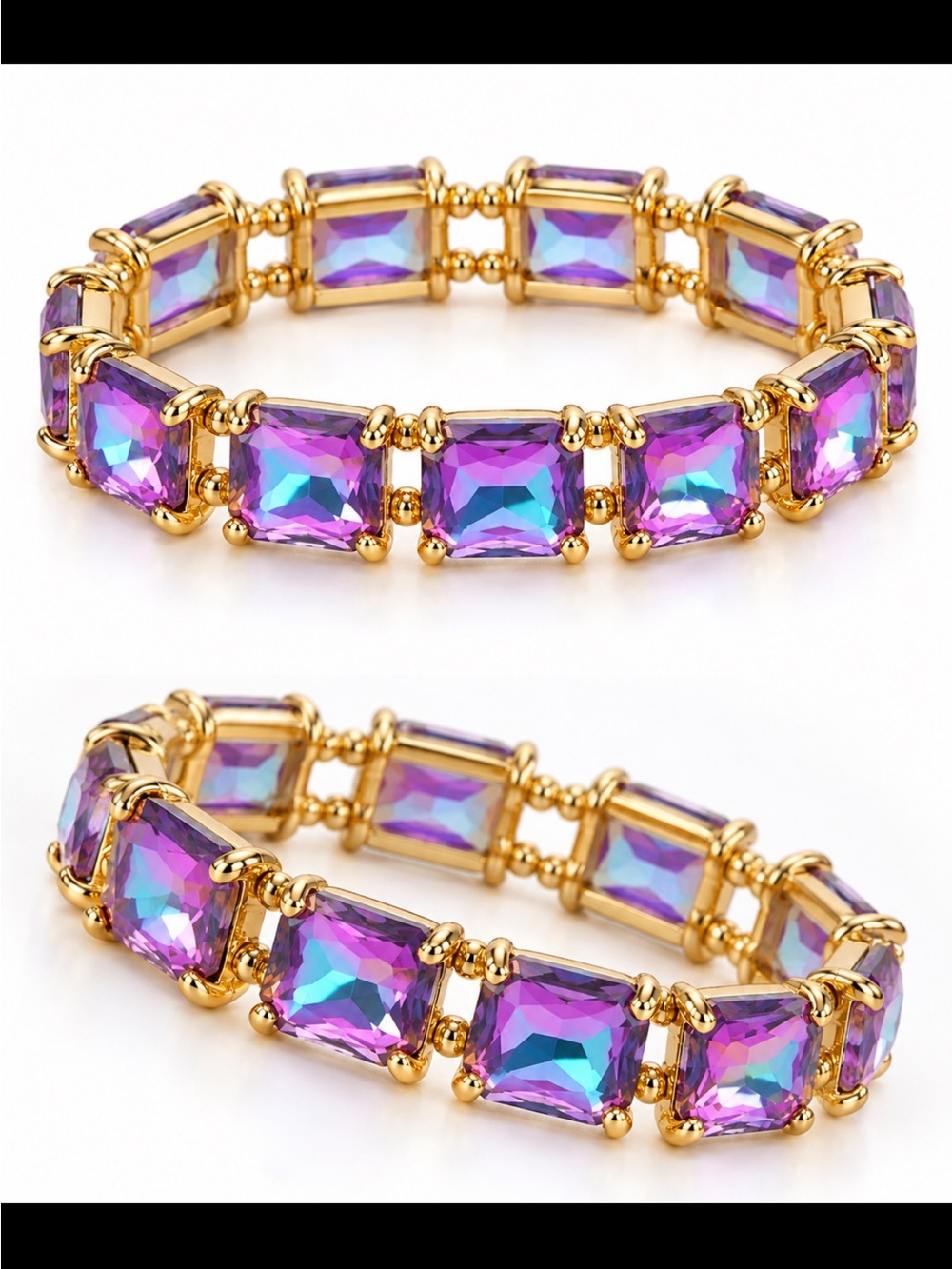 Gold Stretch Bracelet with Purple Iridescent Square Stones NEW - Picture 2 of 3